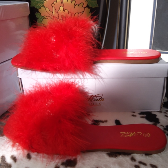 Red feather slippers with rhinestones - Picture 5 of 8